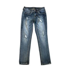 Dollhouse Charley Skinny Jeans Blue Medium Wash Distressed Low-Rise Cropped